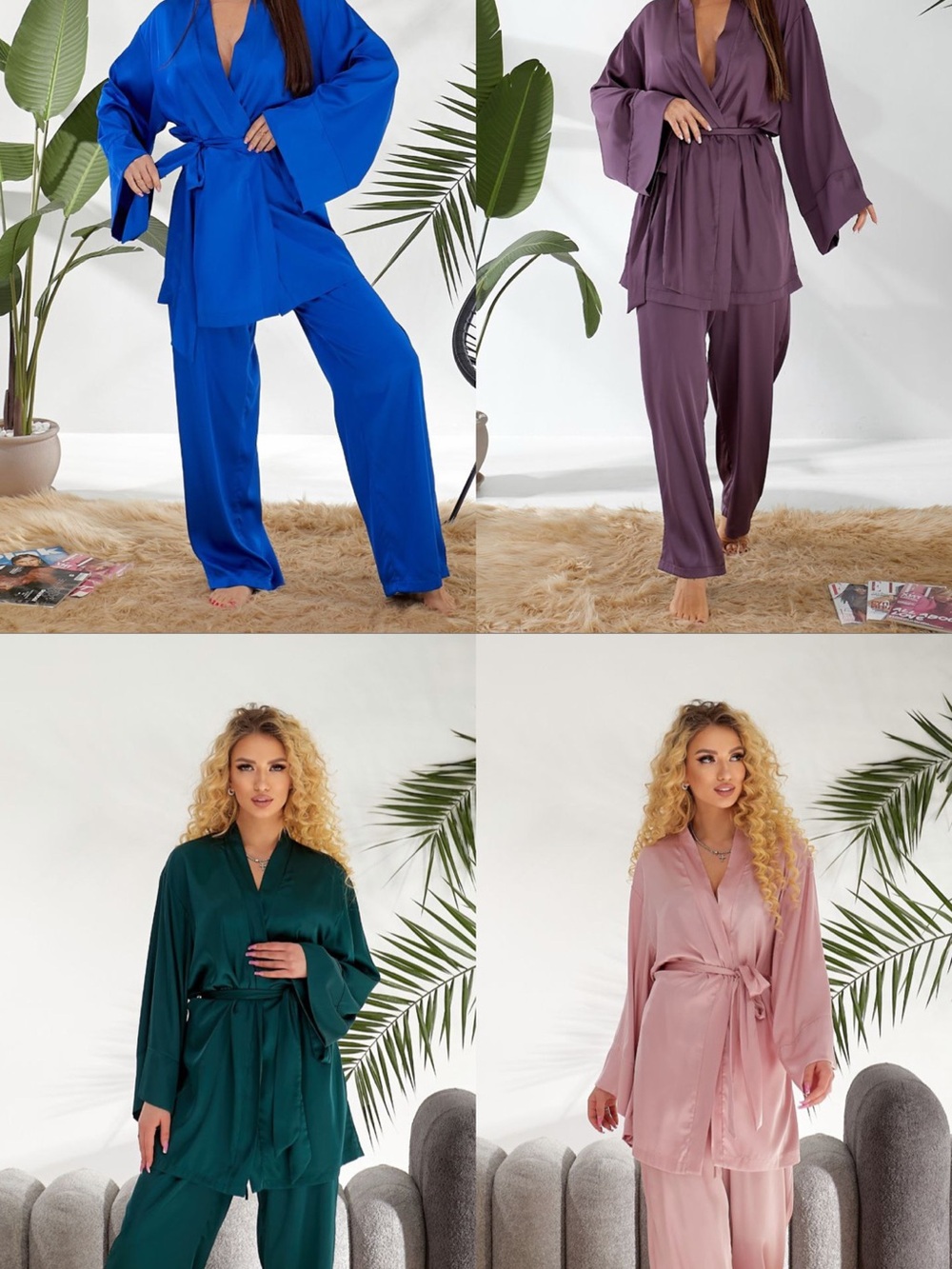 Satin Wrap Robe & Lounge Set in Blue, Plum, Emerald, and Blush